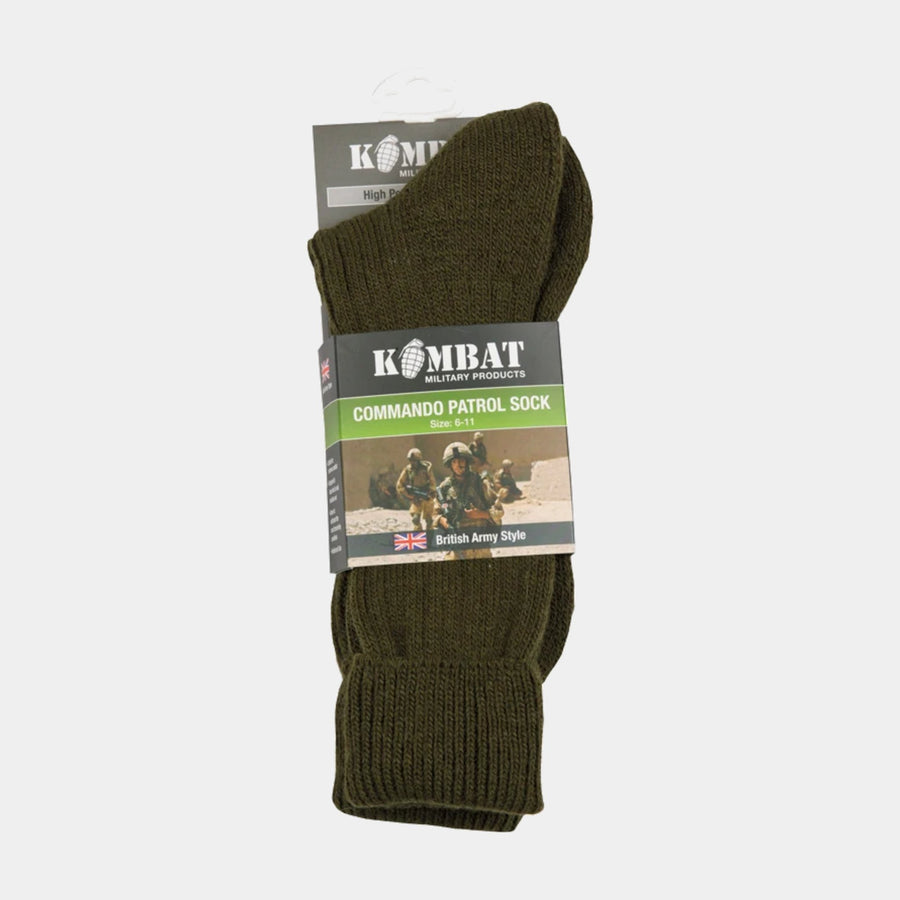 Patrol Socks in Olive Green - Warm, durable, and comfortable combat socks designed for outdoor activities. Made from a blend of acrylic, wool, and nylon. Reinforced sole for added comfort. One size fits UK 6-11. Military, airsoft, hiking, outdoor and fishinguse