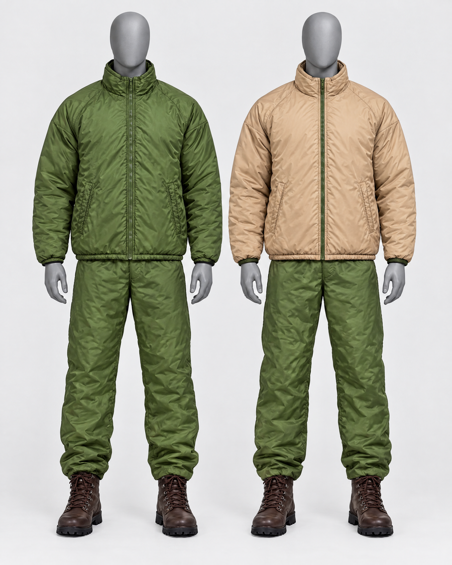 British Army PCS reversible softie suit – jacket and trousers, olive green and sand