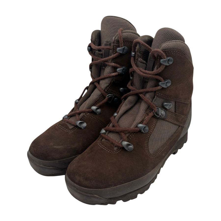 Pair of brown Haix Desert suede combat high liability boots, front three-quarter view, showing suede toe, fabric panels, lace hooks, and rugged sole on white background.