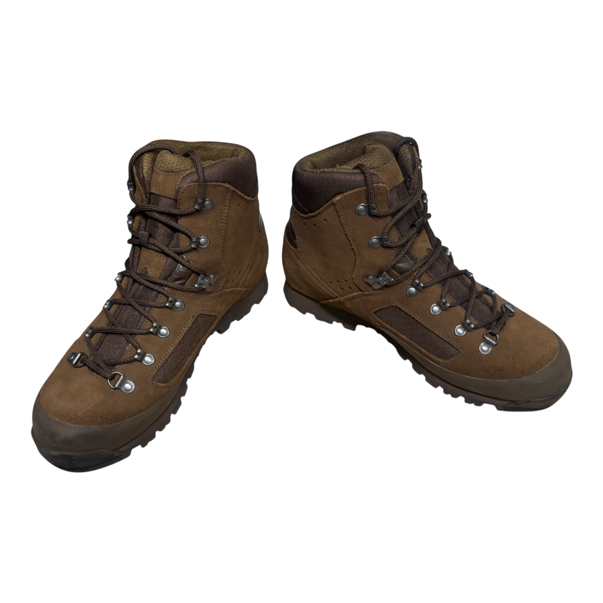 Pair of Iturri brown suede military boots, front view showing suede upper and metal lacing hardware