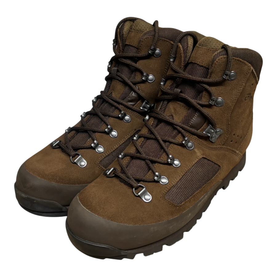 Iturri brown suede combat boots, front three-quarter angle showing padded collar and full lacing