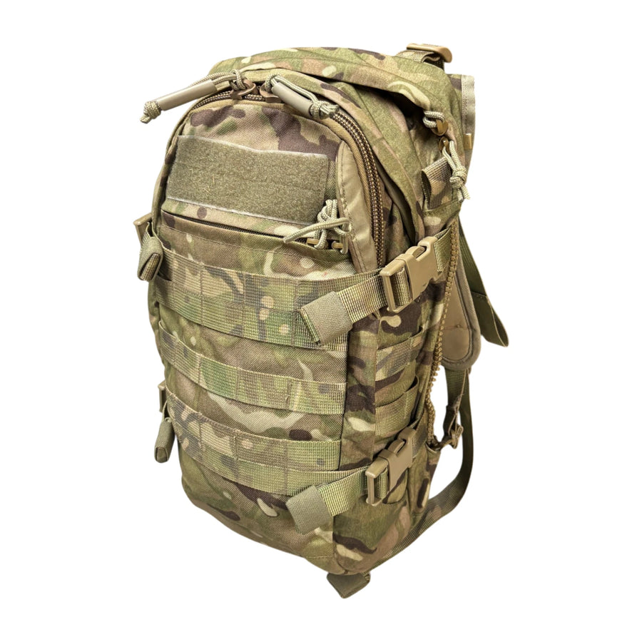 British Army MTP Virtus 17L Assault Pack daysack, genuine issue, front view showing MOLLE webbing and side compression straps
