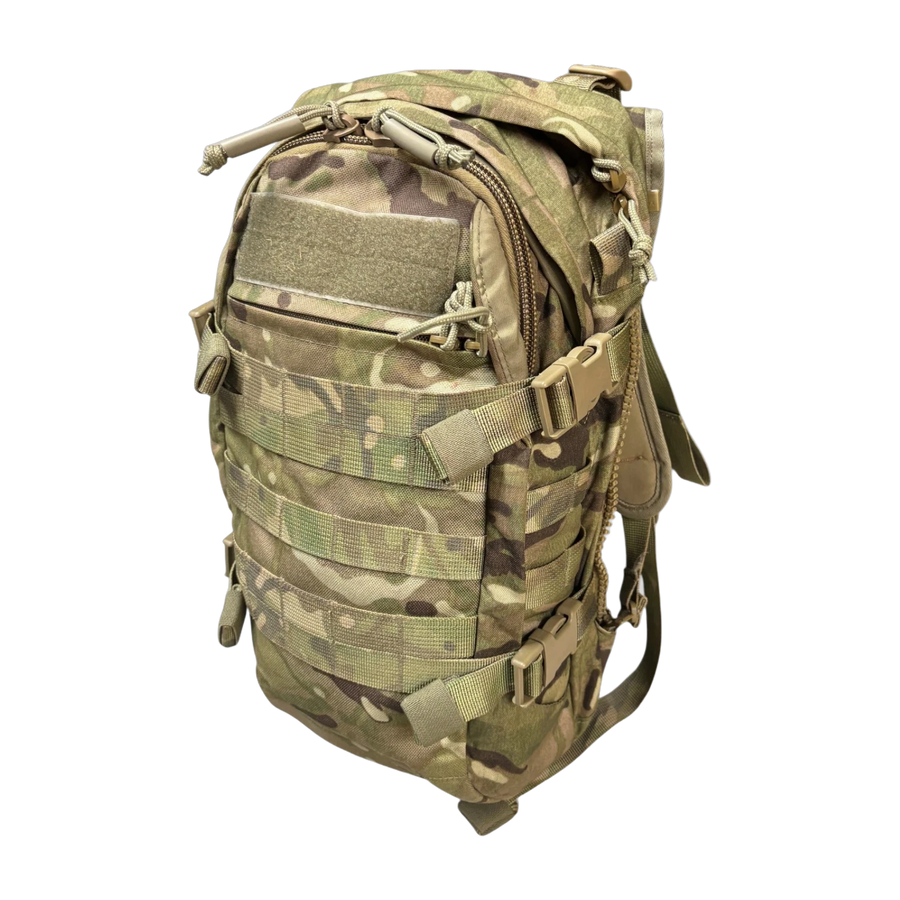 British Army MTP Virtus 17L Assault Pack daysack, genuine issue, front view showing MOLLE webbing and side compression straps