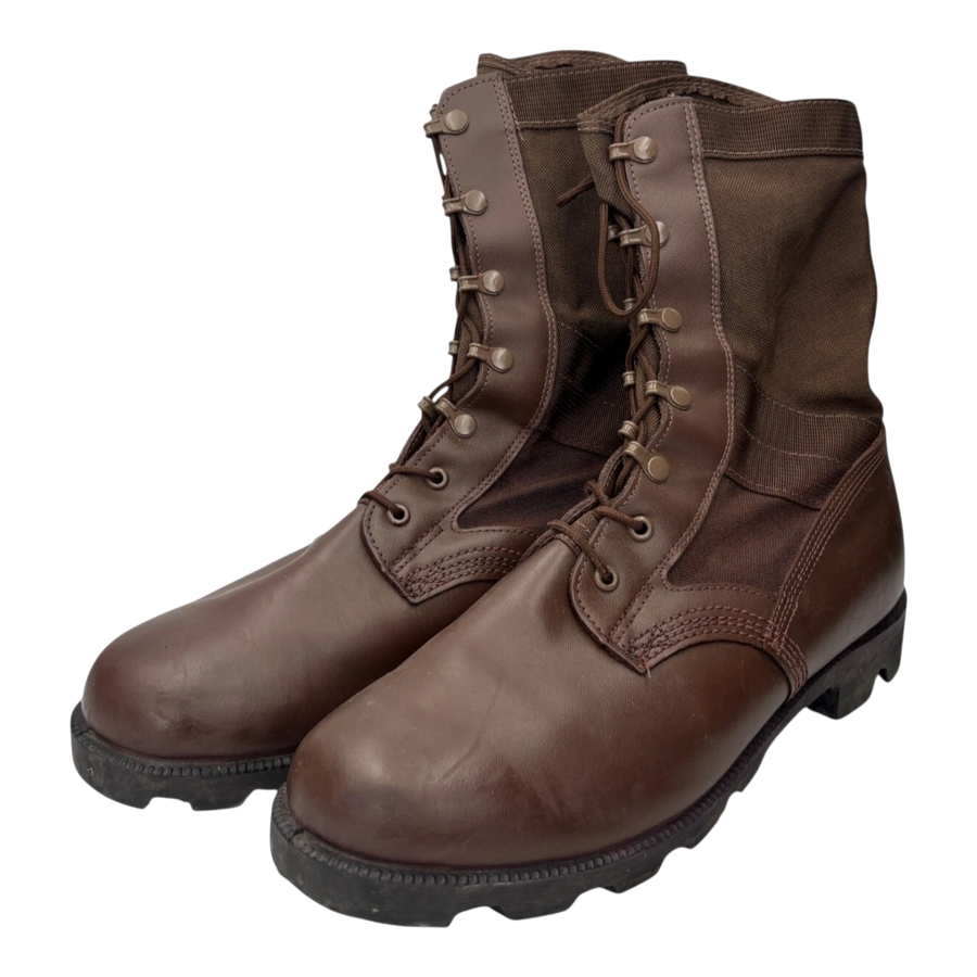 British Army Wellco brown leather combat boots with Cordura nylon uppers, showing front and angled profile. Durable military patrol boots with speed lace eyelets and rugged rubber soles.