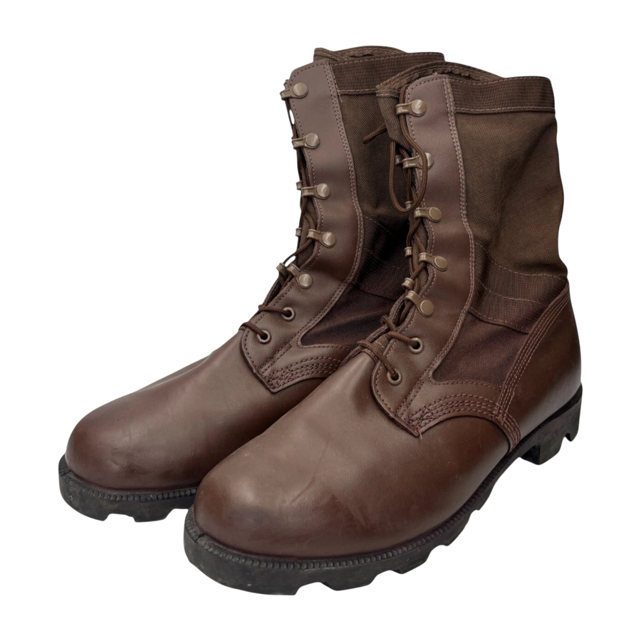 British Army Wellco brown leather combat boots with Cordura nylon uppers, showing front and angled profile. Durable military patrol boots with speed lace eyelets and rugged rubber soles.