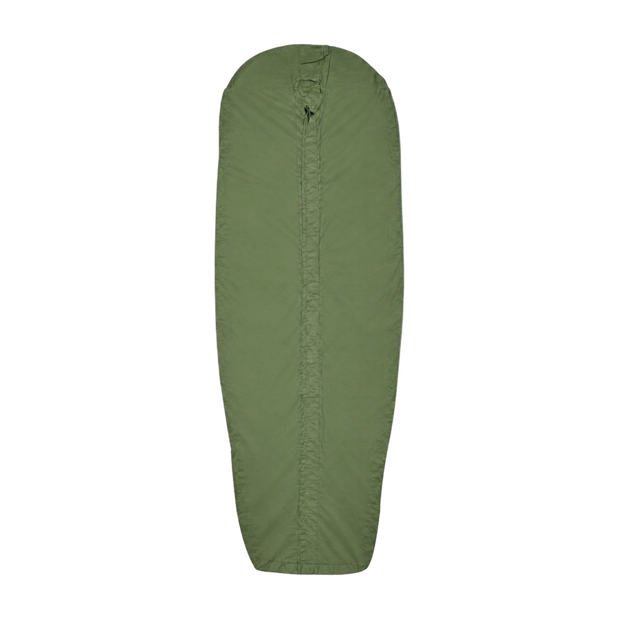 British Army olive sleeping bag liner front view on white