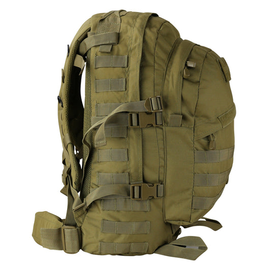 Black Special Ops Rucksack: 45L capacity with 3 zipped compartments, Molle compatibility, and quick-release belt strap. Durable 600D Tac-Poly construction. Ideal for tactical missions and outdoor activities.