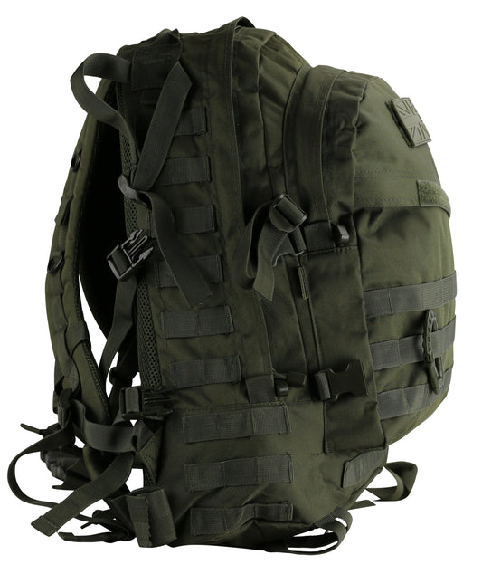 Black Special Ops Rucksack: 45L capacity with 3 zipped compartments, Molle compatibility, and quick-release belt strap. Durable 600D Tac-Poly construction. Ideal for tactical missions and outdoor activities.