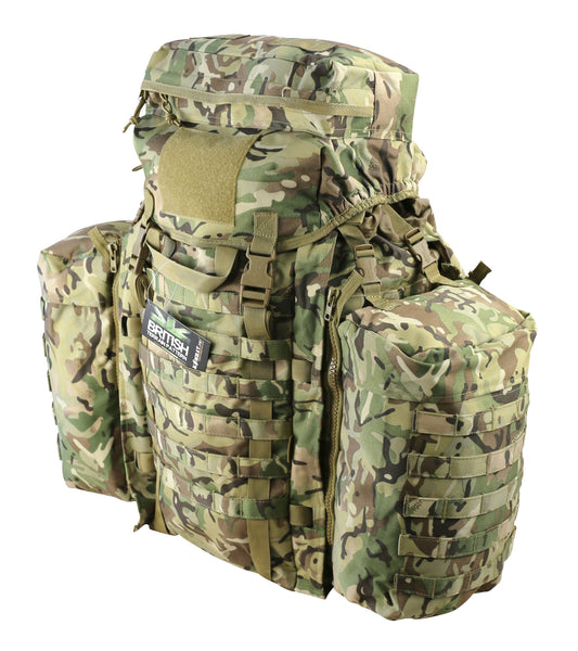 BTP camo 90-litre Tactical Assault Pack with padded contoured shoulder harness and vented back system. Features large main compartment, zipped lid pocket, Velcro ID panel, and Molle platform area. Includes compression straps, carry handle, sternum strap, padded Molle waist belt, and attached side pouches.
