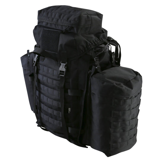 Black 90-litre Tactical Assault Pack with padded contoured shoulder harness and vented back system. Features large main compartment, zipped lid pocket, Velcro ID panel, and Molle platform area. Includes compression straps, carry handle, sternum strap, padded Molle waist belt, and attached side pouches.
