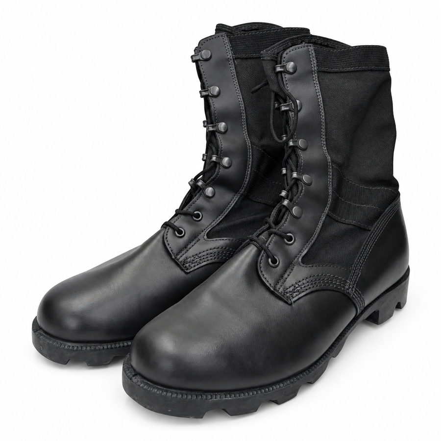 Wellco black leather and textile jungle combat boots, front three-quarter view