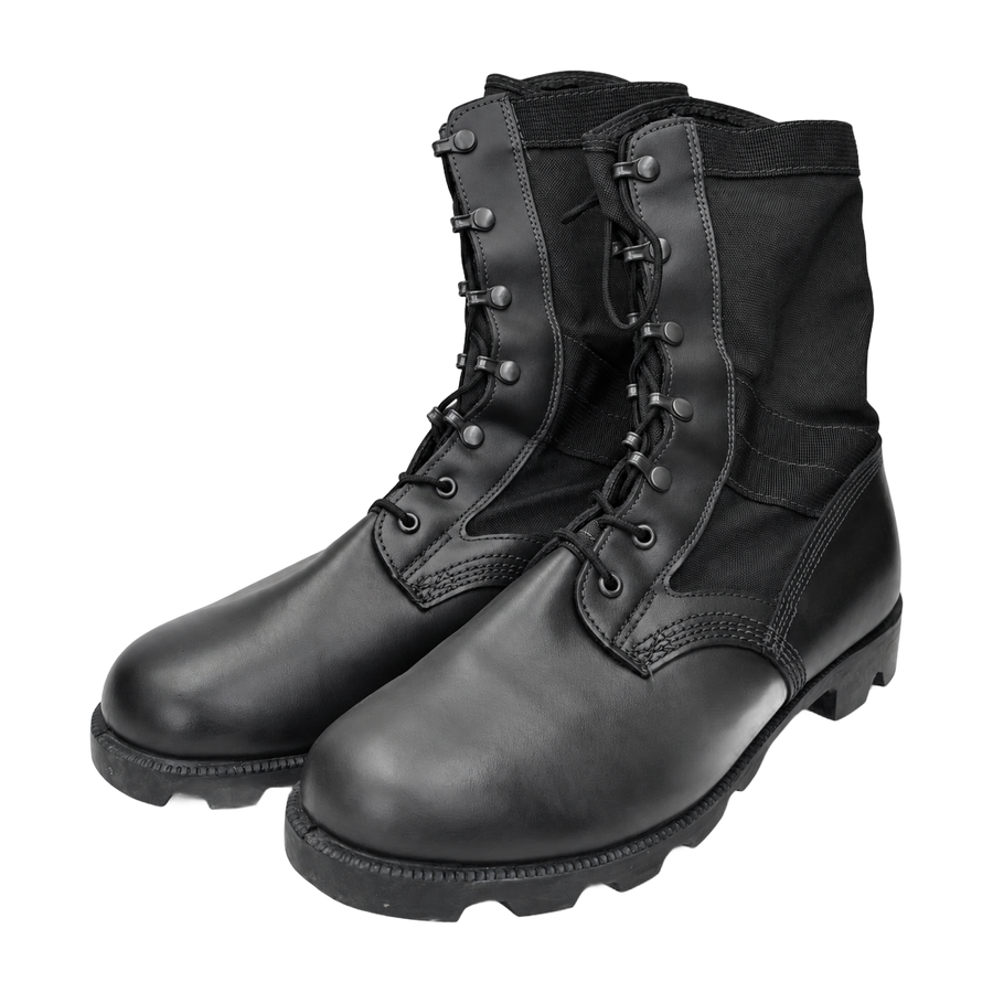 Wellco black leather and textile jungle combat boots, front three-quarter view