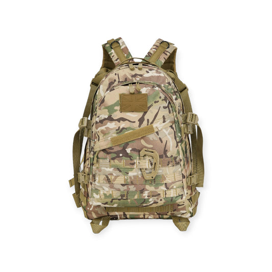 Kombat UK BTP Camouflage Special Ops Rucksack: 45L capacity with 3 zipped compartments, Molle compatibility, and quick-release belt strap. Durable 600D Tac-Poly