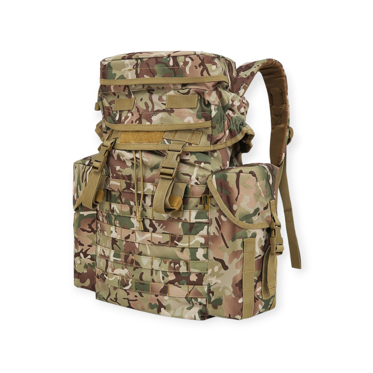 Kombat UK BTP camouflage backpack with padded airflow back system and wide shoulder straps. Includes fixed side pockets, zipped lid pockets, and Molle-compatible front panel. For military, camping, hiking and outdoor use.