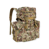 Kombat UK BTP camouflage backpack with padded airflow back system and wide shoulder straps. Includes fixed side pockets, zipped lid pockets, and Molle-compatible front panel. For military, camping, hiking and outdoor use.