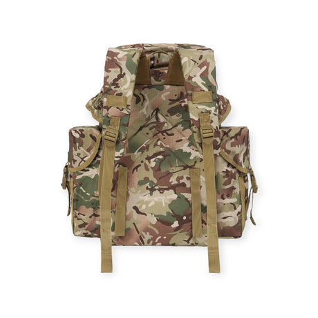 Kombat UK BTP camouflage backpack with padded airflow back system and wide shoulder straps. Includes fixed side pockets, zipped lid pockets, and Molle-compatible front panel. For military, camping, hiking and outdoor use.