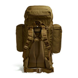 Rear view of the Crusader 90 + 20 FA rucksack in earth brown with ergonomic back padding, adjustable straps, and hip belt.