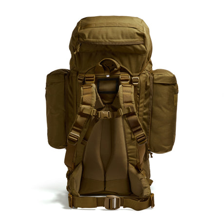 Rear view of the Crusader 90 + 20 FA rucksack in earth brown with ergonomic back padding, adjustable straps, and hip belt.
