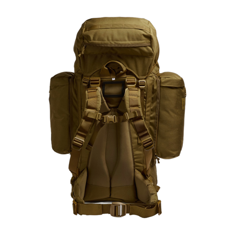 Rear view of the Crusader 90 + 20 FA rucksack in earth brown with ergonomic back padding, adjustable straps, and hip belt.