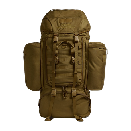 Front view of the Crusader 90 + 20 FA rucksack in earth brown showing MMPS design, front access compartment, and side pouches.