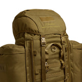 Close-up front detail of the Crusader 90 + 20 FA rucksack showing Berghaus branding, front access buckles, and MOLLE webbing.