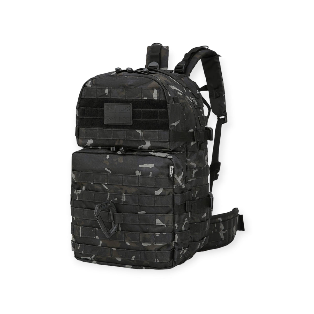 Army backpack with 28-litre capacity, padded back, waist belt, hydration bladder compartment, MOLLE strips, and multiple pockets for gear storage. For military use, camping and hikers.