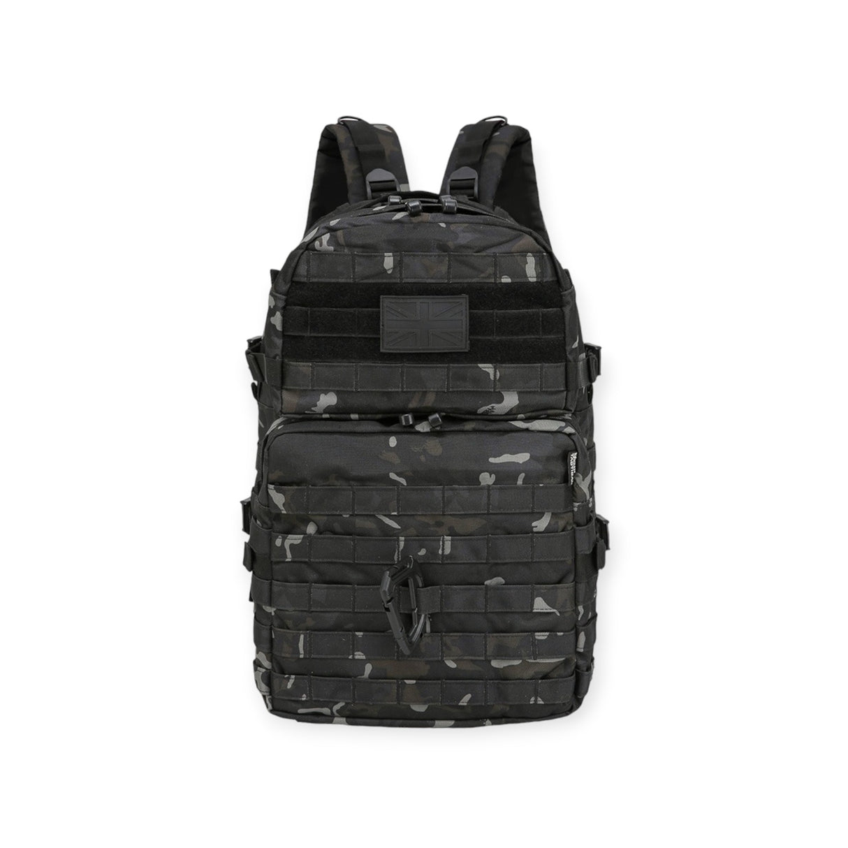 Army backpack with 28-litre capacity, padded back, waist belt, hydration bladder compartment, MOLLE strips, and multiple pockets for gear storage. For military use, camping and hikers.