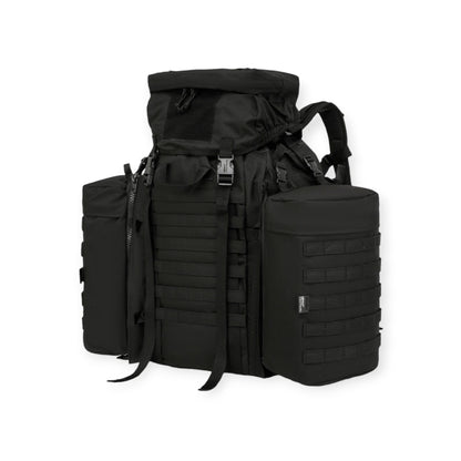 Kombat UK Black 90 litre Tactical Assault Rucksack with padded shoulder harness  Features large main compartment, zipped lid pocket, Velcro ID panel, and Molle platform area. Includes compression straps, carry handle, sternum strap, padded Molle waist belt, and attached side pouches.