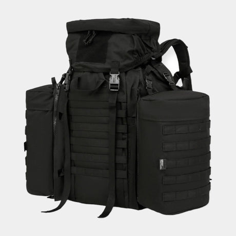 Kombat UK Black 90 litre Tactical Assault Rucksack with padded shoulder harness  Features large main compartment, zipped lid pocket, Velcro ID panel, and Molle platform area. Includes compression straps, carry handle, sternum strap, padded Molle waist belt, and attached side pouches.