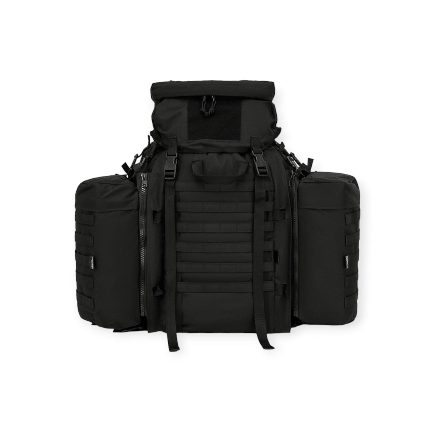 Kombat UK Black 90 litre Tactical Assault Rucksack with padded shoulder harness  Features large main compartment, zipped lid pocket, Velcro ID panel, and Molle platform area. Includes compression straps, carry handle, sternum strap, padded Molle waist belt, and attached side pouches.