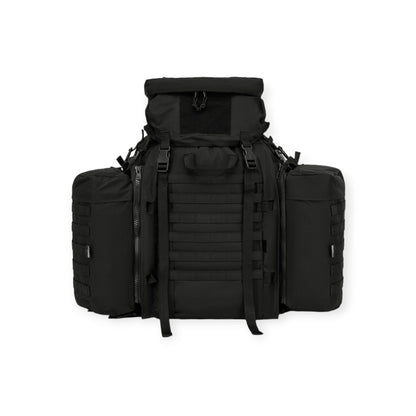 Kombat UK Black 90 litre Tactical Assault Rucksack with padded shoulder harness  Features large main compartment, zipped lid pocket, Velcro ID panel, and Molle platform area. Includes compression straps, carry handle, sternum strap, padded Molle waist belt, and attached side pouches.