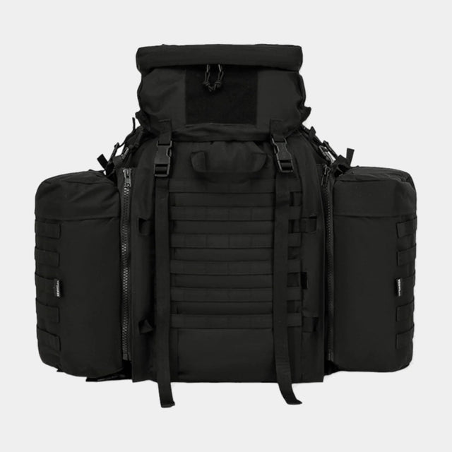 Kombat UK Black 90 litre Tactical Assault Rucksack with padded shoulder harness  Features large main compartment, zipped lid pocket, Velcro ID panel, and Molle platform area. Includes compression straps, carry handle, sternum strap, padded Molle waist belt, and attached side pouches.