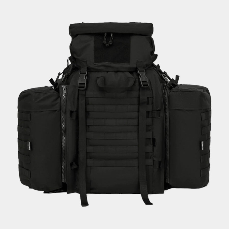 Kombat UK Black 90 litre Tactical Assault Rucksack with padded shoulder harness  Features large main compartment, zipped lid pocket, Velcro ID panel, and Molle platform area. Includes compression straps, carry handle, sternum strap, padded Molle waist belt, and attached side pouches.