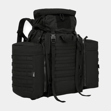Kombat UK Black 90 litre Tactical Assault Rucksack with padded shoulder harness  Features large main compartment, zipped lid pocket, Velcro ID panel, and Molle platform area. Includes compression straps, carry handle, sternum strap, padded Molle waist belt, and attached side pouches.