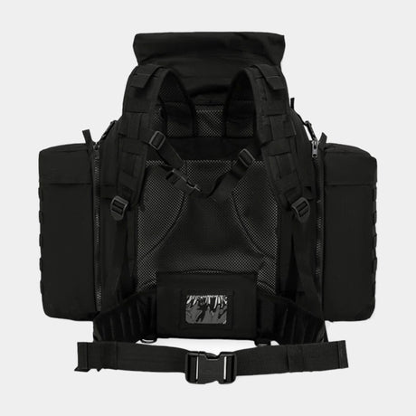 Kombat UK Black 90 litre Tactical Assault Rucksack with padded shoulder harness  Features large main compartment, zipped lid pocket, Velcro ID panel, and Molle platform area. Includes compression straps, carry handle, sternum strap, padded Molle waist belt, and attached side pouches.