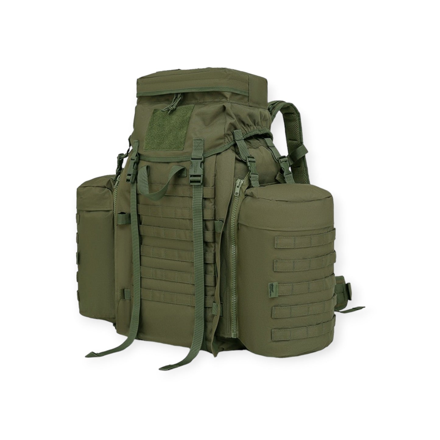 Kombat UK Military MOD style Olive Green 90 litre Tactical Assault Bergen Rucksack with padded MOLLE straps a Molle platform area and Includes compression straps, carry handle, sternum strap, padded Molle waist belt, and attached side pouches.