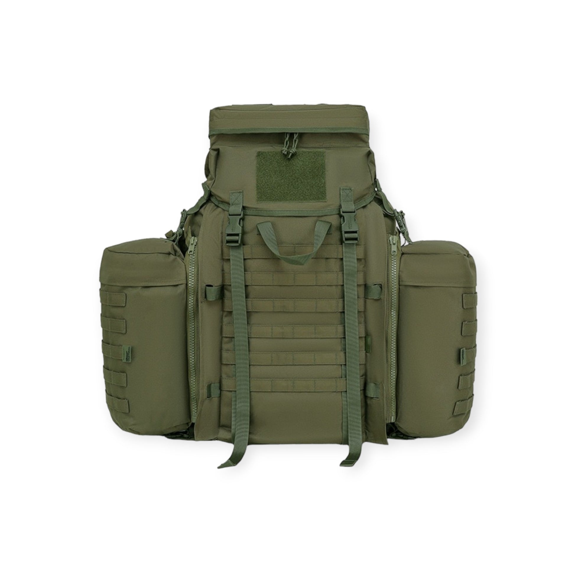 Kombat UK Military MOD style Olive Green 90 litre Tactical Assault Bergen Rucksack with padded MOLLE straps a Molle platform area and Includes compression straps, carry handle, sternum strap, padded Molle waist belt, and attached side pouches.