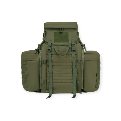 Kombat UK Military MOD style Olive Green 90 litre Tactical Assault Bergen Rucksack with padded MOLLE straps a Molle platform area and Includes compression straps, carry handle, sternum strap, padded Molle waist belt, and attached side pouches.