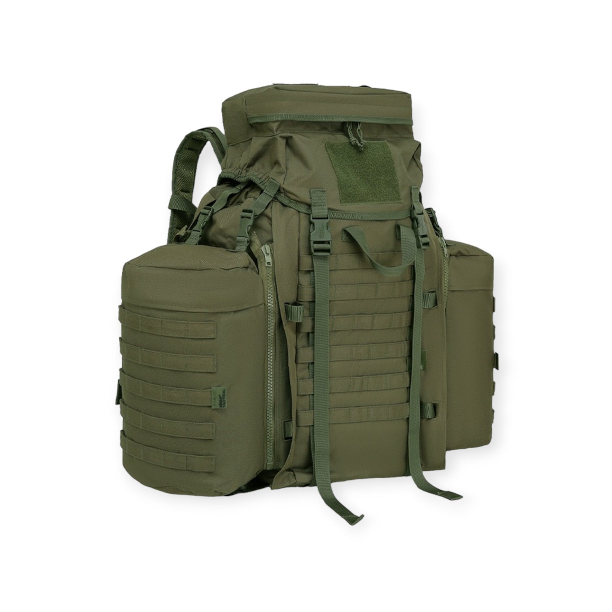 Kombat UK Military MOD style Olive Green 90 litre Tactical Assault Bergen Rucksack with padded MOLLE straps a Molle platform area and Includes compression straps, carry handle, sternum strap, padded Molle waist belt, and attached side pouches.