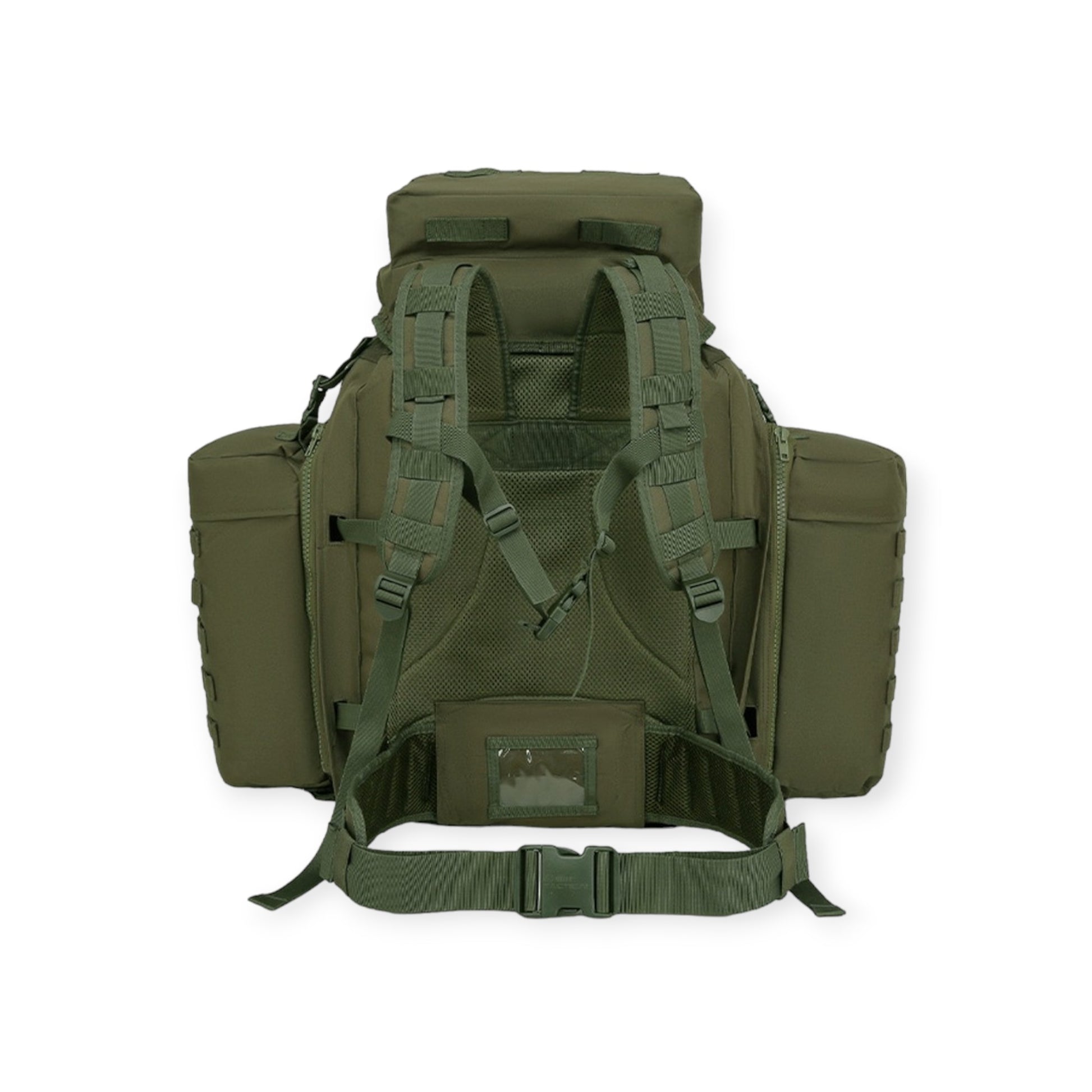 Kombat UK Military MOD style Olive Green 90 litre Tactical Assault Bergen Rucksack with padded MOLLE straps a Molle platform area and Includes compression straps, carry handle, sternum strap, padded Molle waist belt, and attached side pouches.