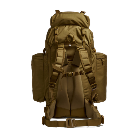 Rear view of the Berghaus Vulcan V MMPS backpack in earth brown displaying padded back system, shoulder harness, and hip belt.