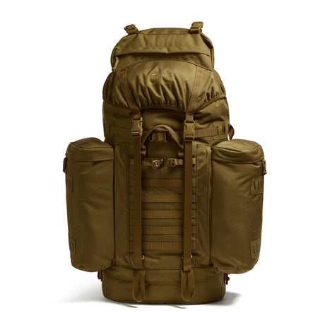 Front view of the Berghaus Vulcan V MMPS rucksack in earth brown showing twin side pockets, MOLLE webbing, and reinforced haul handle.