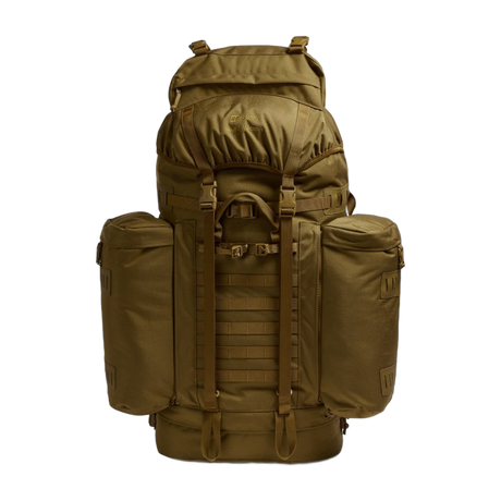 Front view of the Berghaus Vulcan V MMPS rucksack in earth brown showing twin side pockets, MOLLE webbing, and reinforced haul handle.