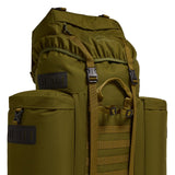 Angled front view of the Berghaus Vulcan V MMPS cedar rucksack highlighting lid straps, front MOLLE panel, and detachable side pockets.