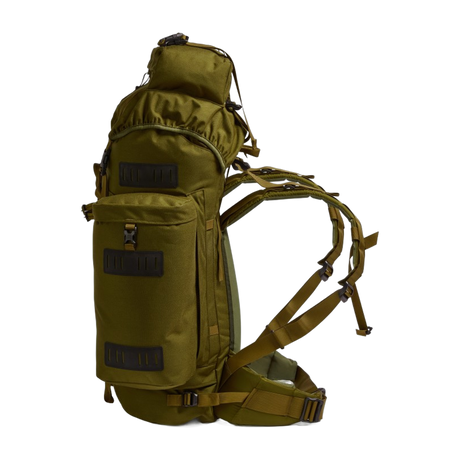 Side profile of the Berghaus Vulcan V MMPS cedar military rucksack displaying large side pocket, compression straps, and padded hip belt.