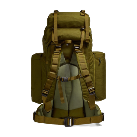 Rear view of the Berghaus Vulcan V MMPS cedar backpack showing Cyclops II back system, padded shoulder straps, and load-bearing hip belt.