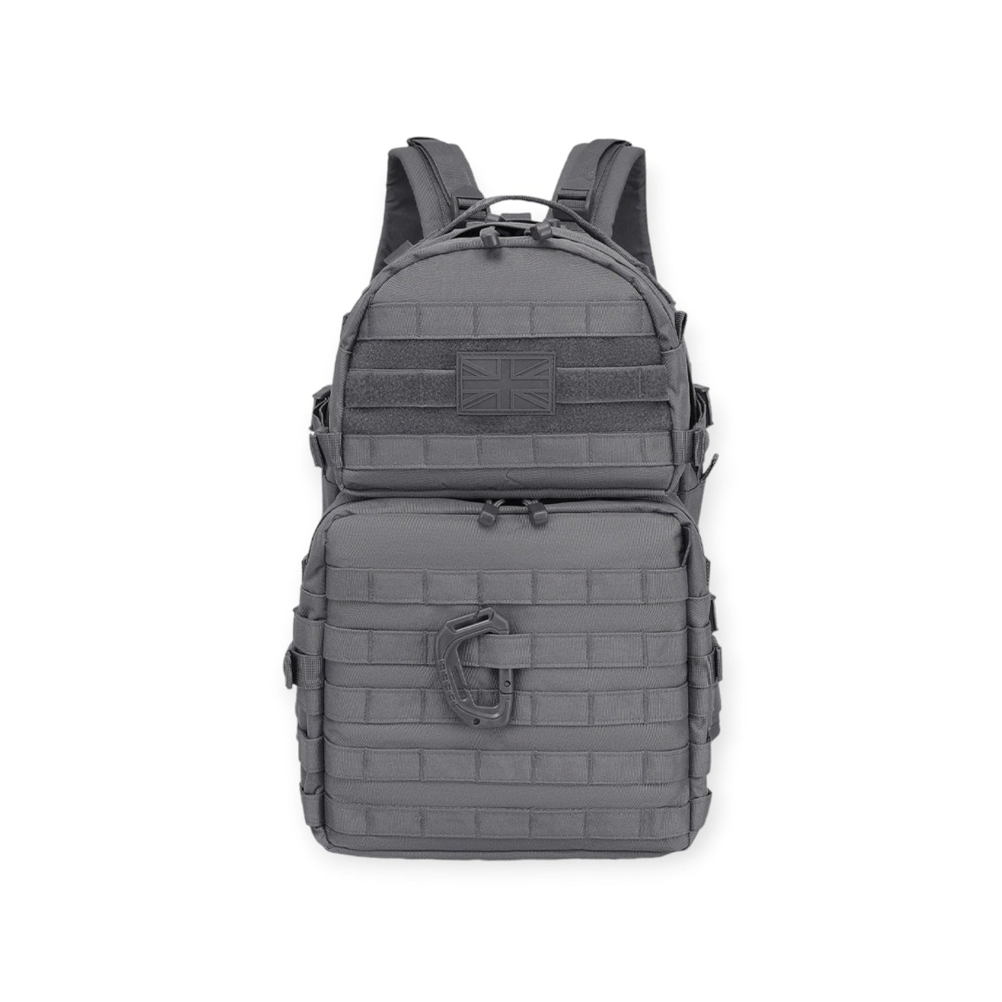 Kombat UK grey colour Army backpack with 40-litre capacity, padded back, waist belt, hydration bladder compartment, MOLLE strips, and multiple pockets for gear storage. For military use, camping and hikers.