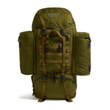 Front view of the Crusader 90 + 20 FA MMPS rucksack with twin side pouches, MOLLE webbing, and front access panel in olive green.