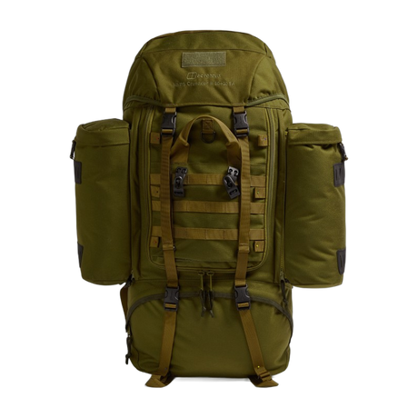 Front view of the Crusader 90 + 20 FA MMPS rucksack with twin side pouches, MOLLE webbing, and front access panel in olive green.