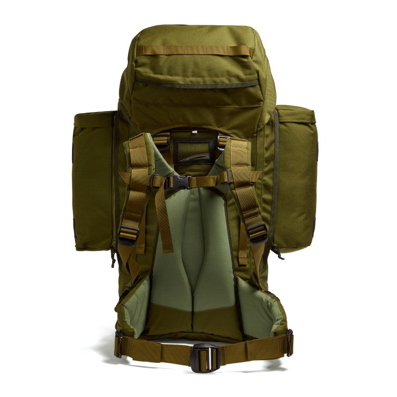 Rear view of the Crusader 90 + 20 FA backpack displaying padded back system, adjustable shoulder straps, and load-bearing hip belt.
